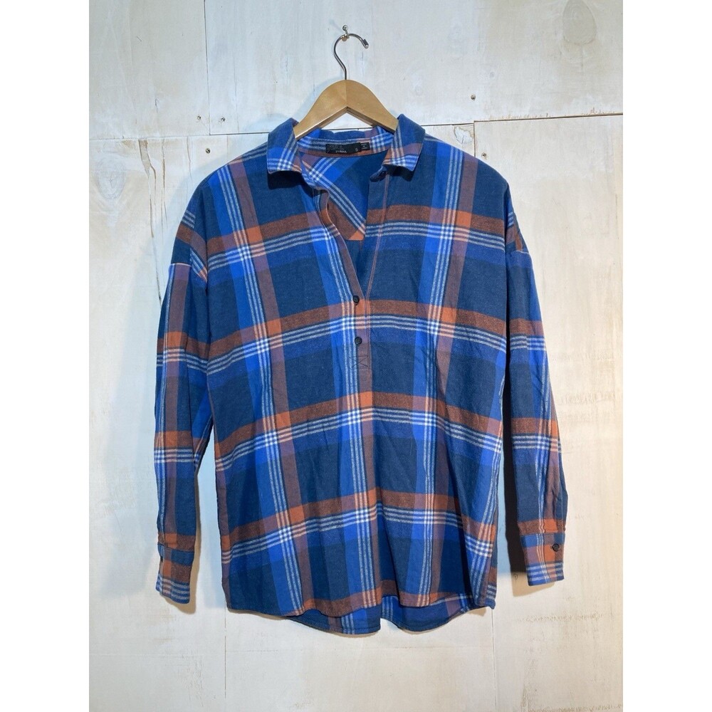 prAna Button Up Oversize Plaid Flannel Tunic Shirt Womens Small Blue Orange‎
